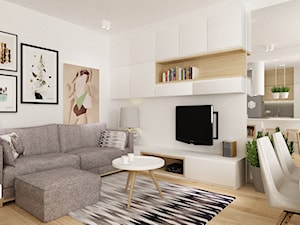 mieszkanie na ochocie 50m2 kolor biel,szarość,dąb - Mały biały salon z jadalnią, styl skandynawski - zdjęcie od Grafika i Projekt architektura wnętrz