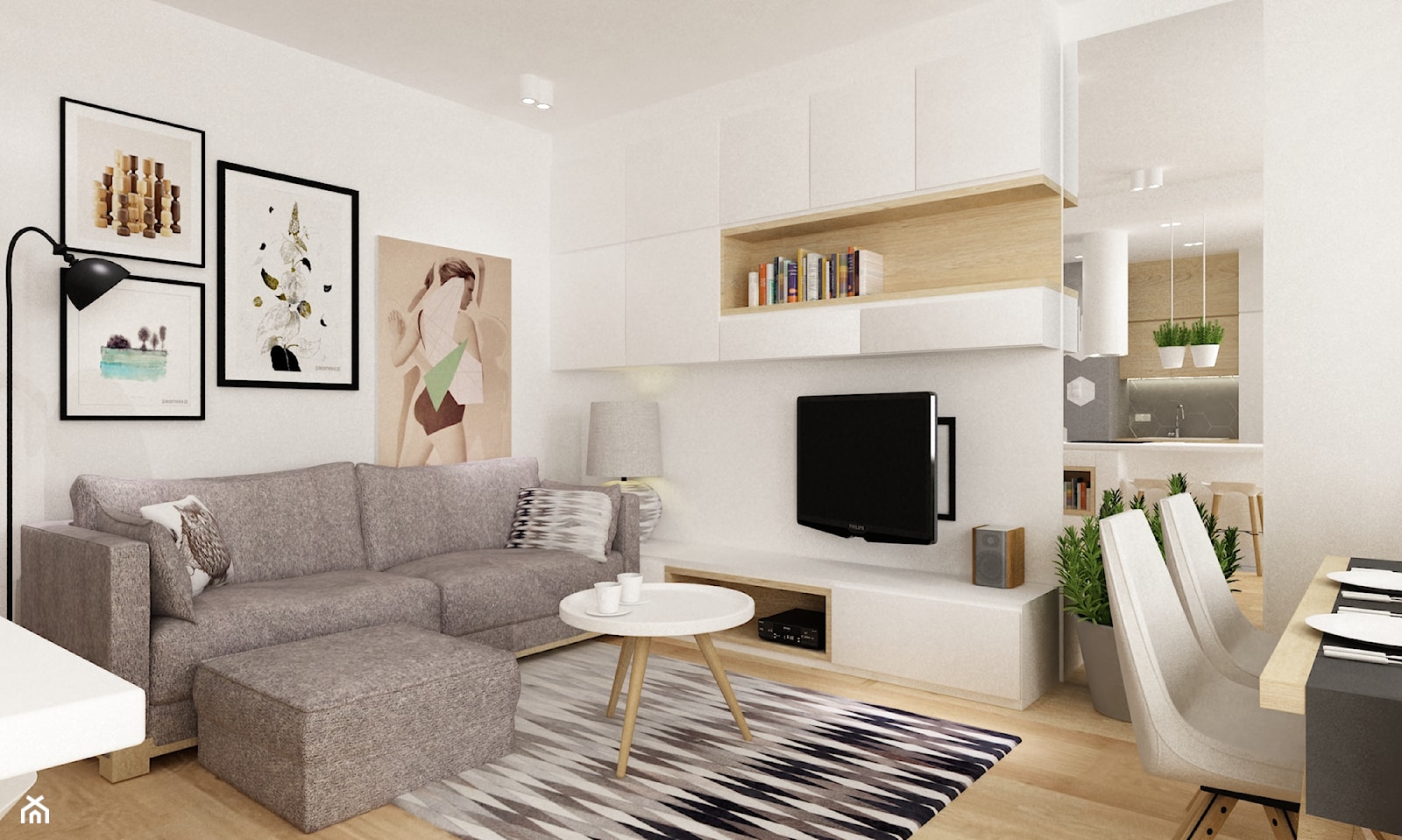 mieszkanie na ochocie 50m2 kolor biel,szarość,dąb - Mały biały salon z jadalnią, styl skandynawski - zdjęcie od Grafika i Projekt architektura wnętrz - Homebook