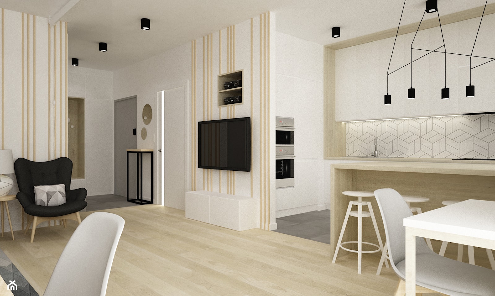 mieszkanie kolor jesion 90m2 - Średni biały salon z kuchnią z jadalnią, styl nowoczesny - zdjęcie od Grafika i Projekt architektura wnętrz - Homebook
