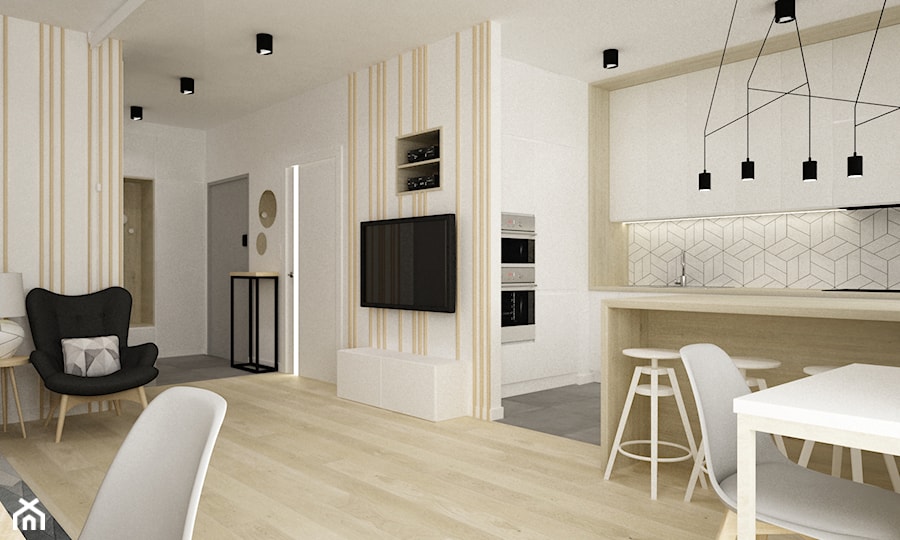 mieszkanie kolor jesion 90m2 - Średni biały salon z kuchnią z jadalnią, styl nowoczesny - zdjęcie od Grafika i Projekt architektura wnętrz