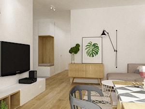 mieszkanie 70m2 w stylu urban jungle - Mały biały salon z jadalnią, styl skandynawski - zdjęcie od Grafika i Projekt architektura wnętrz