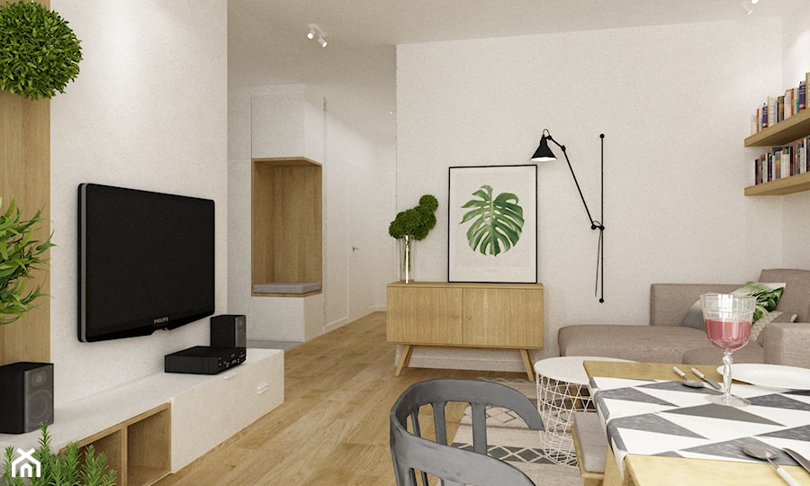 mieszkanie 70m2 w stylu urban jungle - Mały biały salon z jadalnią, styl skandynawski - zdjęcie od Grafika i Projekt architektura wnętrz
