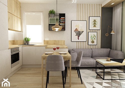 48m2 ciepły design - Mały biały salon z kuchnią z jadalnią, styl nowoczesny - zdjęcie od Grafika i Projekt architektura wnętrz