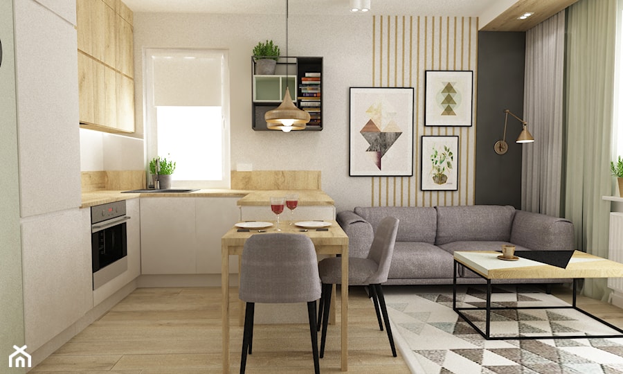 48m2 ciepły design - Mały biały salon z kuchnią z jadalnią, styl nowoczesny - zdjęcie od Grafika i Projekt architektura wnętrz