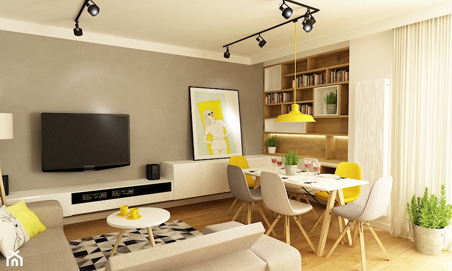 projekty pojedynczych pomieszczeń - Średni beżowy salon z jadalnią, styl skandynawski - zdjęcie od Grafika i Projekt architektura wnętrz