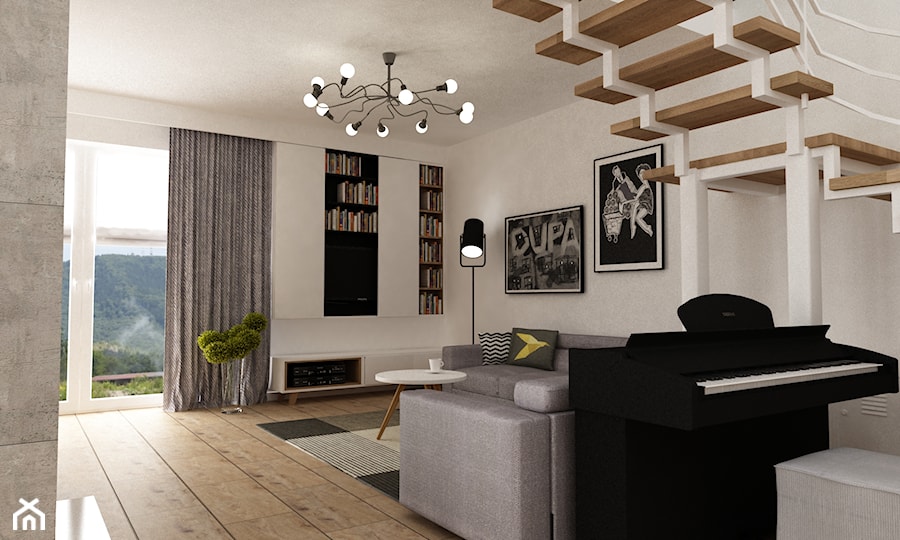 Dom pod Warszawą 160 m2 - Średni biały salon, styl skandynawski - zdjęcie od Grafika i Projekt architektura wnętrz