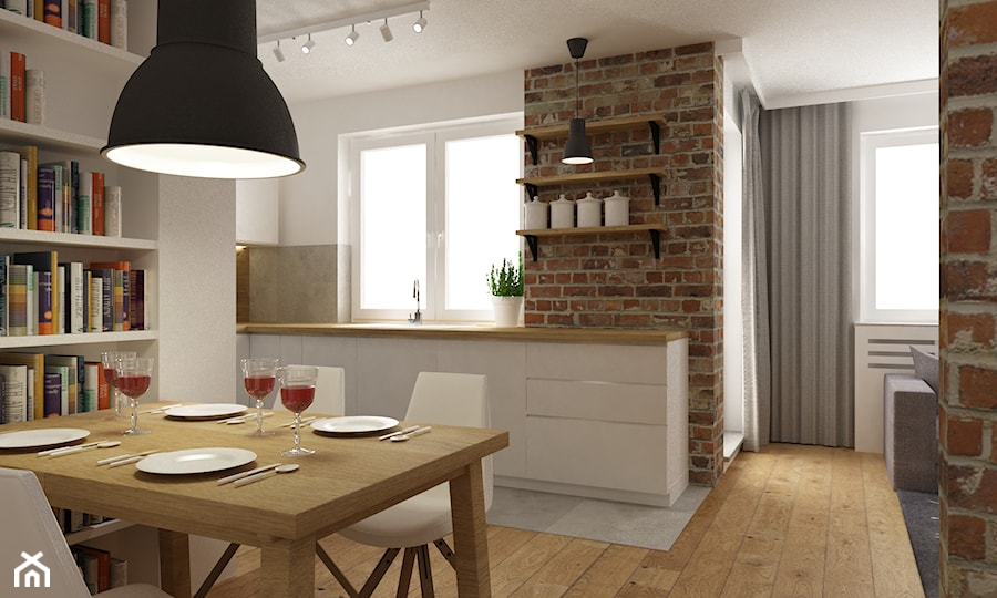 mieszkanie jasne w stylu nowoczesnym/skandynawskim 60m2 - Mała otwarta z salonem beżowa biała brązowa kuchnia w kształcie litery l z kompozytem na ścianie nad blatem kuchennym, styl skandynawski - zdjęcie od Grafika i Projekt architektura wnętrz