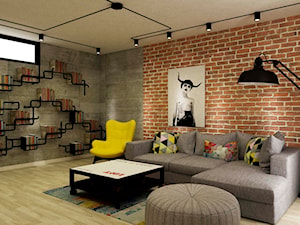 Apartament w Warszawie 90 m2 starzona cegła styl industrialny loft - Salon, styl industrialny - zdjęcie od Grafika i Projekt architektura wnętrz