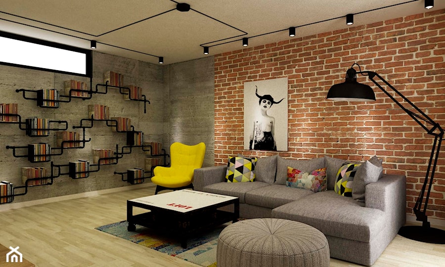 Apartament w Warszawie 90 m2 starzona cegła styl industrialny loft - Salon, styl industrialny - zdjęcie od Grafika i Projekt architektura wnętrz