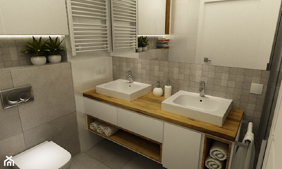 łazienki w stylu skandynawskim - Mała z dwoma umywalkami łazienka, styl skandynawski - zdjęcie od Grafika i Projekt architektura wnętrz