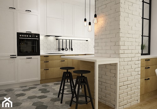 mieszkanie 105m2 z heksagonami - Średnia zamknięta biała z zabudowaną lodówką kuchnia w kształcie litery g, styl skandynawski - zdjęcie od Grafika i Projekt architektura wnętrz