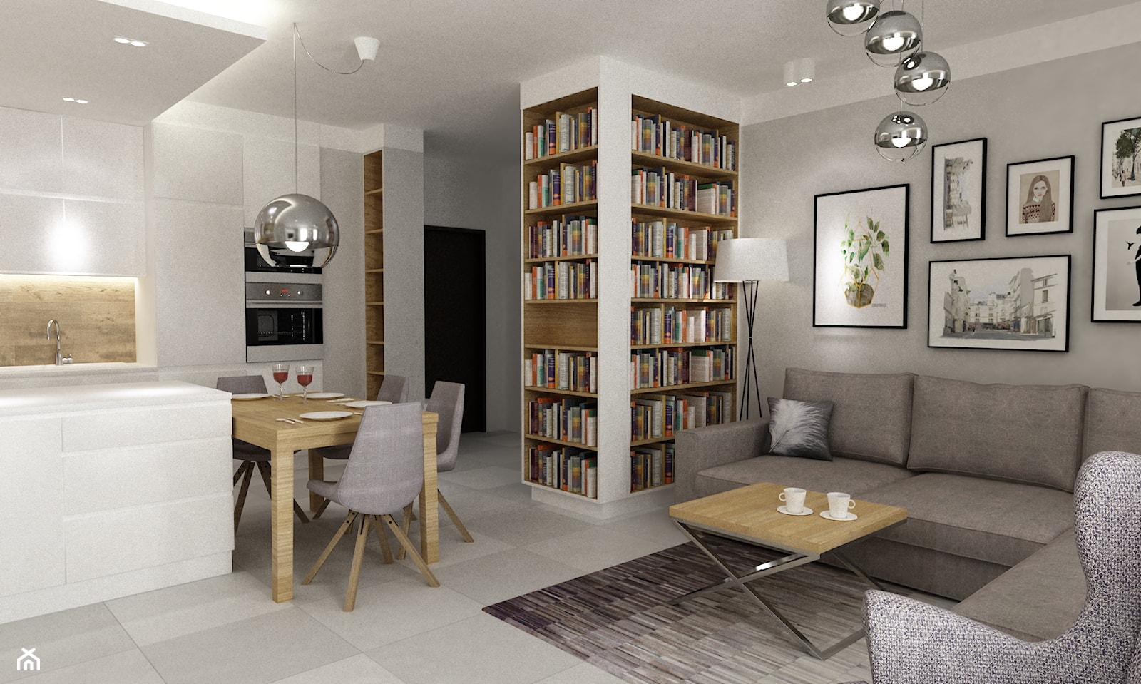Mieszkanie 70m2 Ursynów - Średni biały szary salon z kuchnią z jadalnią z bibiloteczką, styl nowoc ... - zdjęcie od Grafika i Projekt architektura wnętrz - Homebook