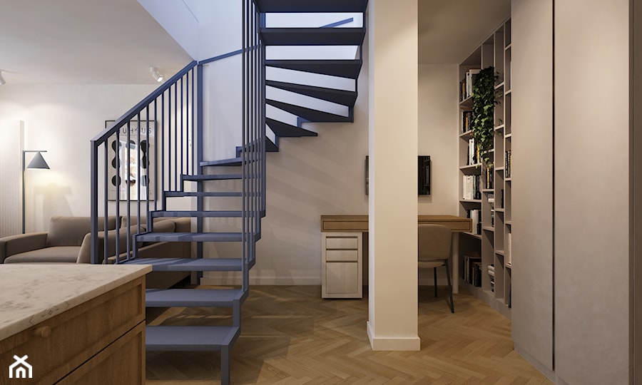 mieszkanie dwu poziomowe z niebieską klatka schodową - Schody, styl nowoczesny - zdjęcie od Grafika i Projekt architektura wnętrz