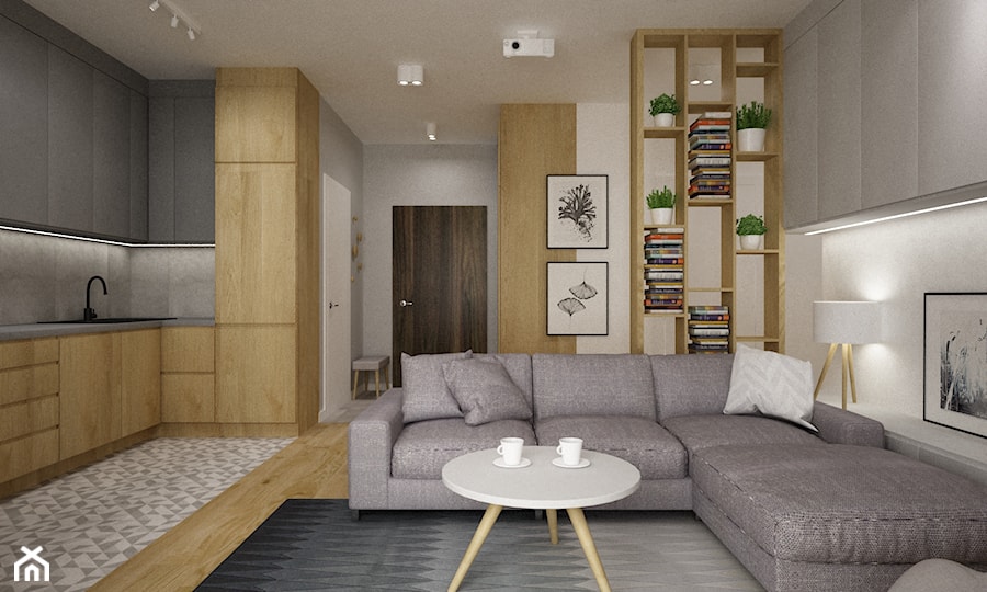 mieszkanie 70m2 w szarosciach - Średni biały szary salon z kuchnią z bibiloteczką, styl nowoczesny - zdjęcie od Grafika i Projekt architektura wnętrz