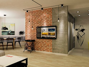 Apartament w Warszawie 90 m2 starzona cegła styl industrialny loft - Salon, styl industrialny - zdjęcie od Grafika i Projekt architektura wnętrz