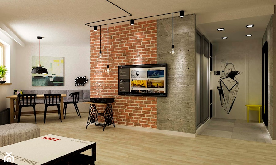 Apartament w Warszawie 90 m2 starzona cegła styl industrialny loft - Salon, styl industrialny - zdjęcie od Grafika i Projekt architektura wnętrz