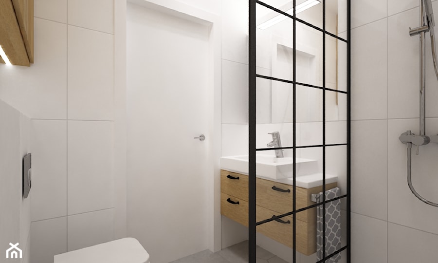 mieszkanie 105m2 z heksagonami - Mała bez okna z lustrem łazienka, styl skandynawski - zdjęcie od Grafika i Projekt architektura wnętrz