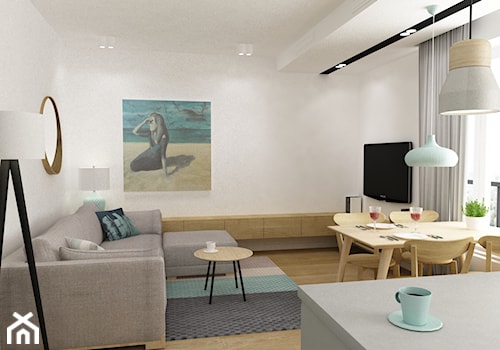 mieszkanie minimalistyczne 2 pokojowe - Mały biały salon z kuchnią z jadalnią z tarasem / balkonem, styl minimalistyczny - zdjęcie od Grafika i Projekt architektura wnętrz