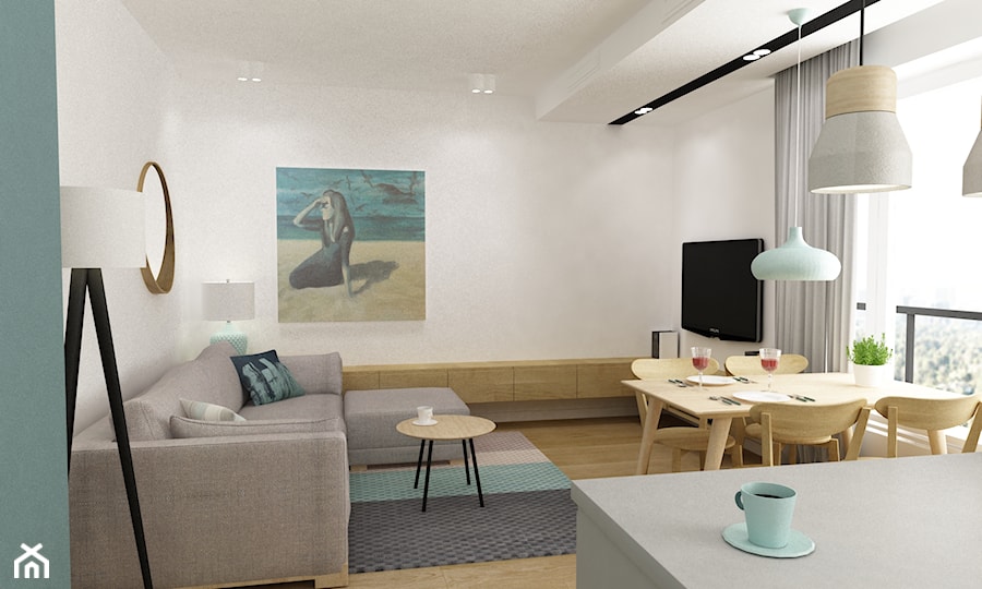 mieszkanie minimalistyczne 2 pokojowe - Mały biały salon z kuchnią z jadalnią z tarasem / balkonem, styl minimalistyczny - zdjęcie od Grafika i Projekt architektura wnętrz