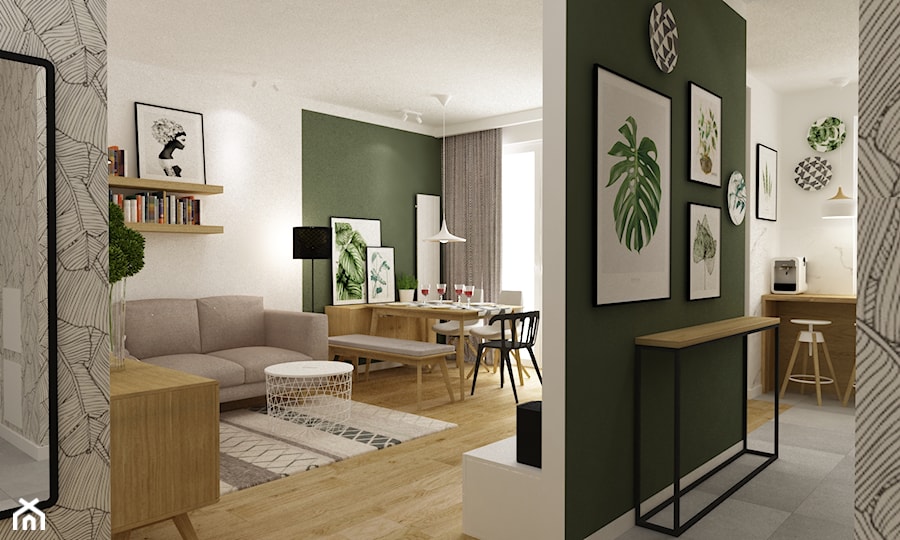 mieszkanie 70m2 w stylu urban jungle - Mały biały zielony salon z jadalnią, styl skandynawski - zdjęcie od Grafika i Projekt architektura wnętrz