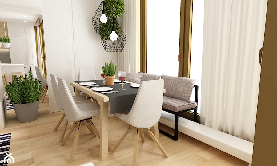 mieszkanie na ochocie 50m2 kolor biel,szarość,dąb - Średnia biała jadalnia jako osobne pomieszczenie, styl skandynawski - zdjęcie od Grafika i Projekt architektura wnętrz