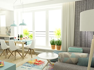 41 m2 pastelowe - Średni biały niebieski salon z kuchnią z jadalnią, styl skandynawski - zdjęcie od Grafika i Projekt architektura wnętrz
