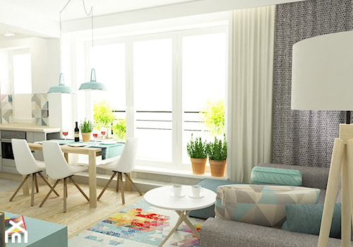 41 m2 pastelowe - Średni biały niebieski salon z kuchnią z jadalnią, styl skandynawski - zdjęcie od Grafika i Projekt architektura wnętrz