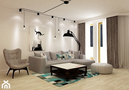 Apartament w Warszawie 90 m2 starzona cegła styl industrialny loft - Duży biały salon z tarasem / balkonem, styl skandynawski - zdjęcie od Grafika i Projekt architektura wnętrz