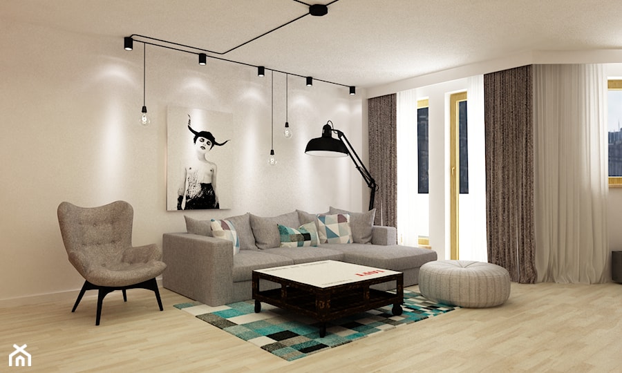 Apartament w Warszawie 90 m2 starzona cegła styl industrialny loft - Duży biały salon z tarasem / balkonem, styl skandynawski - zdjęcie od Grafika i Projekt architektura wnętrz