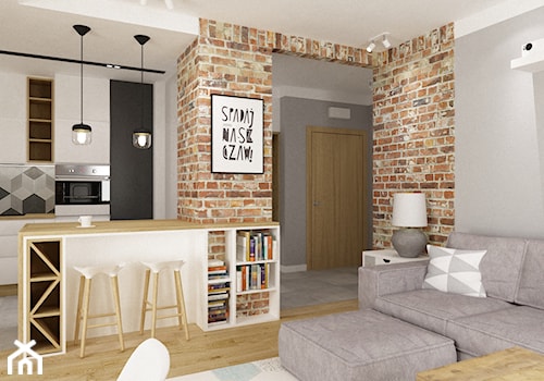 mieszkanie 50m2 w warszawie - Mały szary salon z kuchnią z jadalnią, styl skandynawski - zdjęcie od Grafika i Projekt architektura wnętrz
