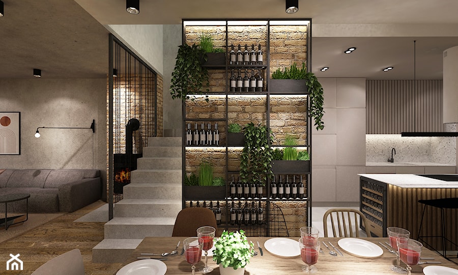 dom 160m2 industrialny - Średnia szara jadalnia w salonie w kuchni, styl industrialny - zdjęcie od Grafika i Projekt architektura wnętrz