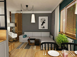 mieszkanie 60m2 turkusowy mocny akcent - Średni szary turkusowy salon z kuchnią z jadalnią, styl nowoczesny - zdjęcie od Grafika i Projekt architektura wnętrz