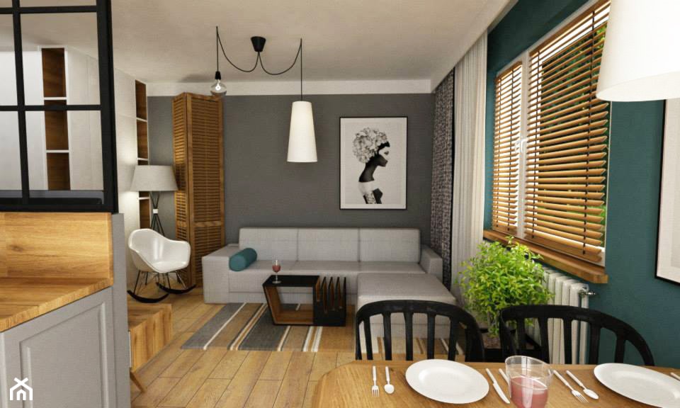 mieszkanie 60m2 turkusowy mocny akcent - Średni szary turkusowy salon z kuchnią z jadalnią, styl nowoczesny - zdjęcie od Grafika i Projekt architektura wnętrz - Homebook