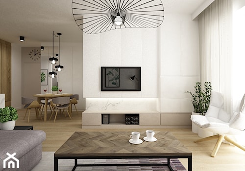 mieszkanie przerobione z 3 na 4 pokoje - Średni beżowy biały salon z kuchnią z jadalnią, styl nowoczesny - zdjęcie od Grafika i Projekt architektura wnętrz