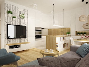 mieszkanie 61m2 - Mała otwarta z salonem biała z zabudowaną lodówką z nablatowym zlewozmywakiem kuchnia w kształcie litery u, styl nowoczesny - zdjęcie od Grafika i Projekt architektura wnętrz