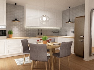 metamorfoza styl new england - Średnia otwarta z salonem biała szara z lodówką wolnostojącą kuchnia w kształcie litery l, styl nowoczesny - zdjęcie od Grafika i Projekt architektura wnętrz