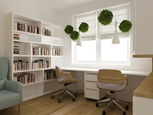mieszkanie 45 m2 pod biuro/wynajem - Małe w osobnym pomieszczeniu z sofą z zabudowanym biurkiem białe biuro, styl skandynawski - zdjęcie od Grafika i Projekt architektura wnętrz
