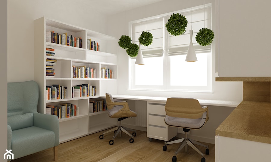 mieszkanie 45 m2 pod biuro/wynajem - Małe w osobnym pomieszczeniu z sofą z zabudowanym biurkiem białe biuro, styl skandynawski - zdjęcie od Grafika i Projekt architektura wnętrz