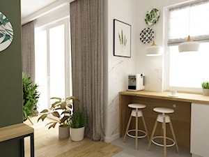 mieszkanie 70m2 w stylu urban jungle - Mała otwarta biała zielona z lodówką wolnostojącą kuchnia jednorzędowa z oknem z marmurem nad blatem kuchennym, styl skandynawski - zdjęcie od Grafika i Projekt architektura wnętrz