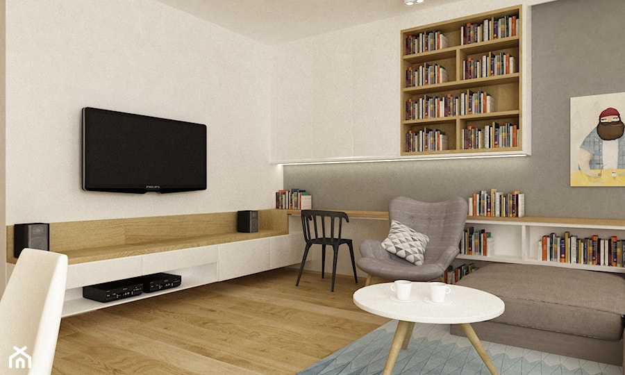 Projekt mieszkania 90m2 ochota - Mały biały salon, styl nowoczesny - zdjęcie od Grafika i Projekt architektura wnętrz