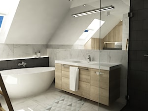 łazienki w stylu skandynawskim - Średnia duża na poddaszu jako pokój kąpielowy z marmurową podłogą łazienka z oknem, styl skandynawski - zdjęcie od Grafika i Projekt architektura wnętrz