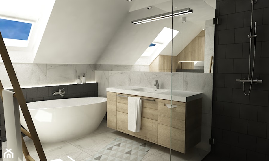 łazienki w stylu skandynawskim - Średnia duża na poddaszu jako pokój kąpielowy z marmurową podłogą łazienka z oknem, styl skandynawski - zdjęcie od Grafika i Projekt architektura wnętrz