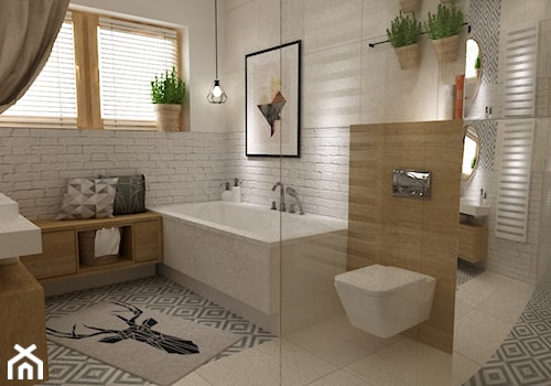 łazienki w stylu skandynawskim - Duża łazienka z oknem, styl skandynawski - zdjęcie od Grafika i Projekt architektura wnętrz