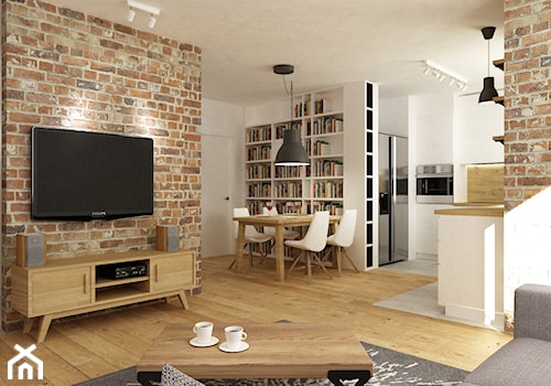 mieszkanie jasne w stylu nowoczesnym/skandynawskim 60m2 - Duży biały szary salon z kuchnią z jadalni ... - zdjęcie od Grafika i Projekt architektura wnętrz