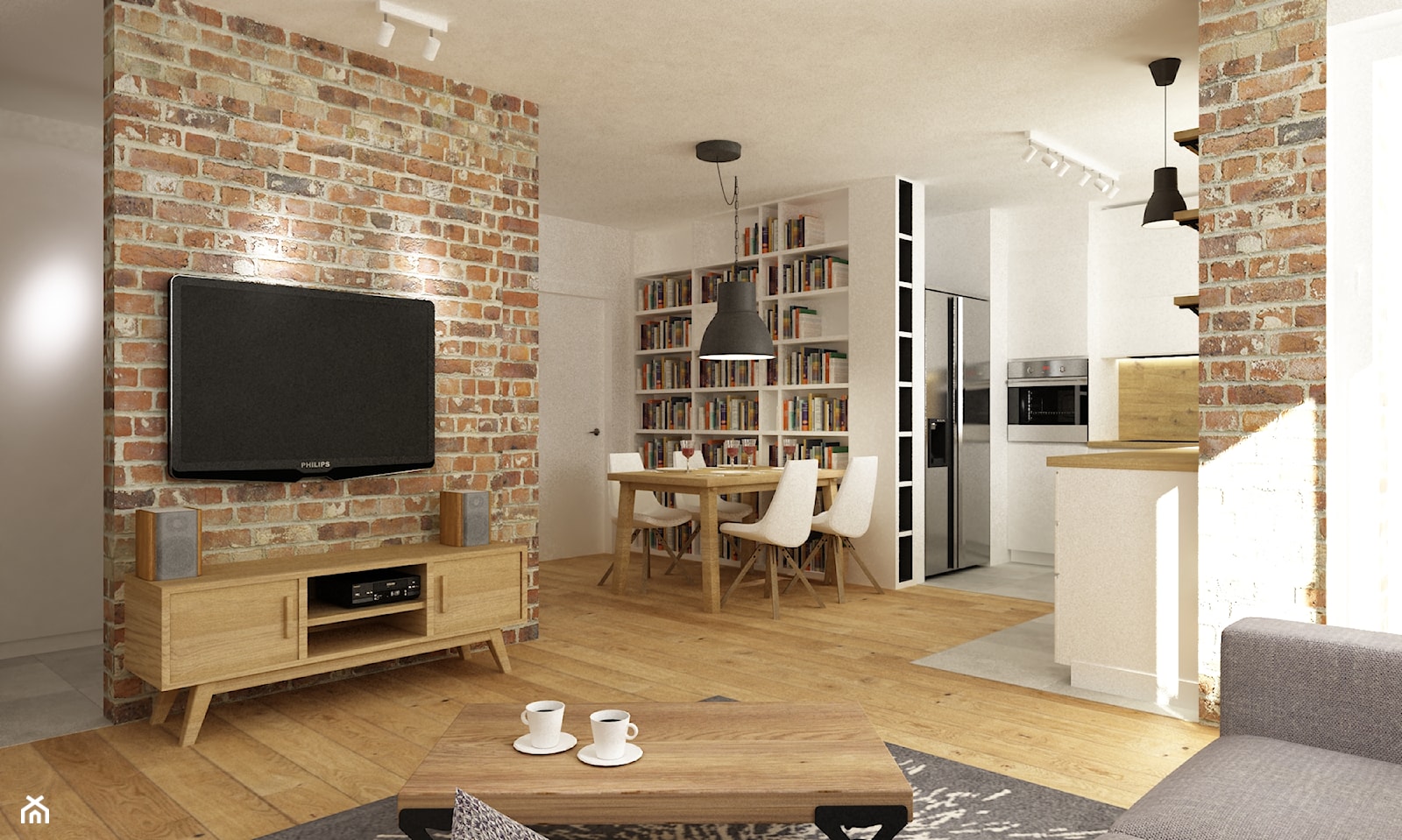 mieszkanie jasne w stylu nowoczesnym/skandynawskim 60m2 - Duży biały szary salon z kuchnią z jadalni ... - zdjęcie od Grafika i Projekt architektura wnętrz - Homebook