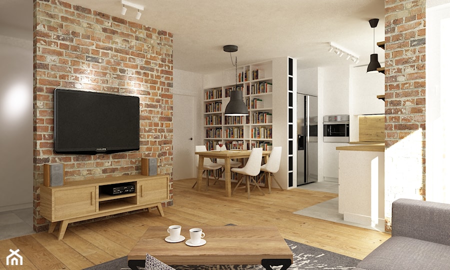 mieszkanie jasne w stylu nowoczesnym/skandynawskim 60m2 - Duży biały szary salon z kuchnią z jadalnią z bibiloteczką, styl skandynawski - zdjęcie od Grafika i Projekt architektura wnętrz