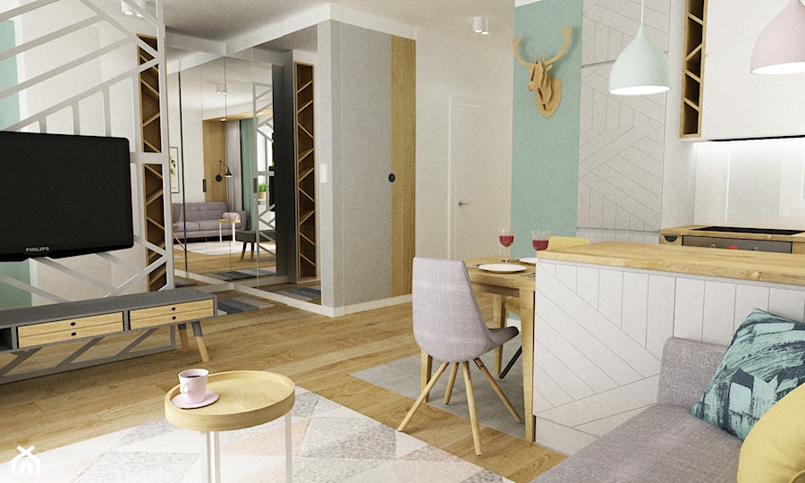 Pastelowe 48m2 - Mała otwarta z salonem biała z zabudowaną lodówką kuchnia dwurzędowa, styl skandynawski - zdjęcie od Grafika i Projekt architektura wnętrz