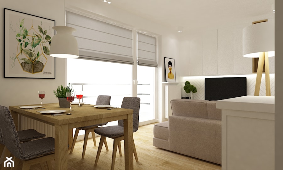mieszkanie na wawrze 54m2 - Średnia biała jadalnia w salonie, styl skandynawski - zdjęcie od Grafika i Projekt architektura wnętrz