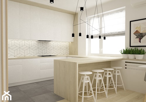 mieszkanie kolor jesion 90m2 - Średnia otwarta biała z zabudowaną lodówką kuchnia w kształcie litery u z oknem, styl nowoczesny - zdjęcie od Grafika i Projekt architektura wnętrz