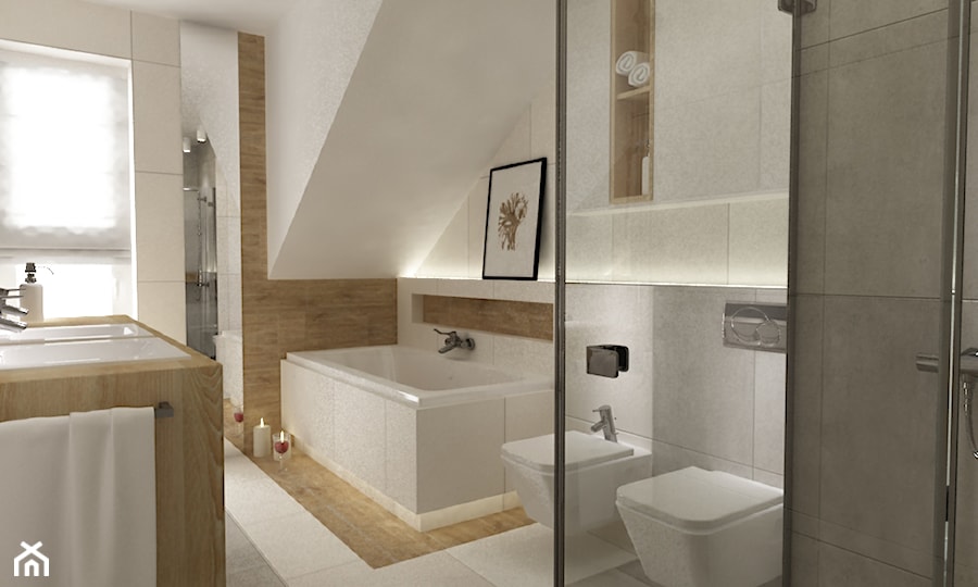 łazienki w stylu skandynawskim - Średnia na poddaszu z dwoma umywalkami łazienka z oknem, styl nowoczesny - zdjęcie od Grafika i Projekt architektura wnętrz